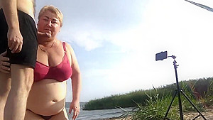 Stepmother-in-law Sucks My Dick On The Beach And Gets Cum In Her Mouth